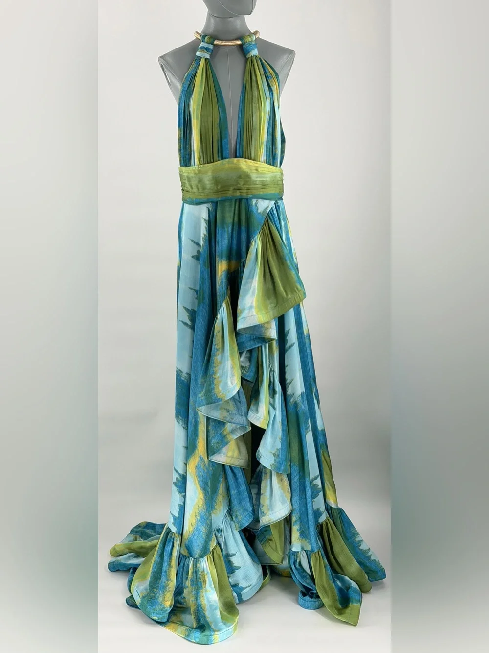 🆕 BRONX & BANCO 🧿 NWOT Palma Coastal Ruffle Hi-Low Gown, Blue Green, Sz L US 8 - Picture 3 of 17